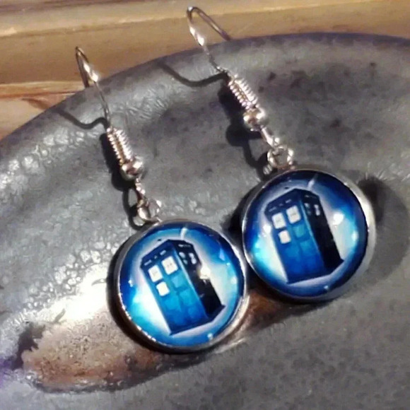 Handcrafted Police Box in Space Blue Silver Glass Earrings - Picture 1 of 6